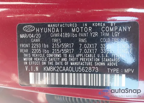 2020 Hyundai Kona Sel из США, поврежденный, VIN KM8K2CAA0LU562873